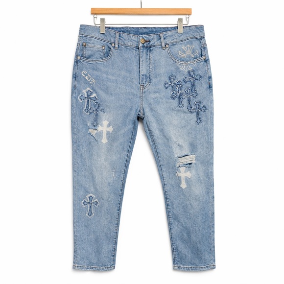 CDH Homme Gothic Cross Embroidery Distressed Blue Denim Jeans Y2K Streetwear s34 - Picture 2 of 8